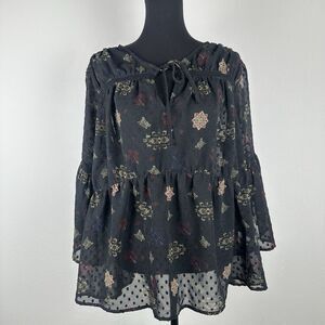 Lucky Brand Swiss Dots Lace Bell Sleeve Top Plus Size 1X Floral Boho Peasant